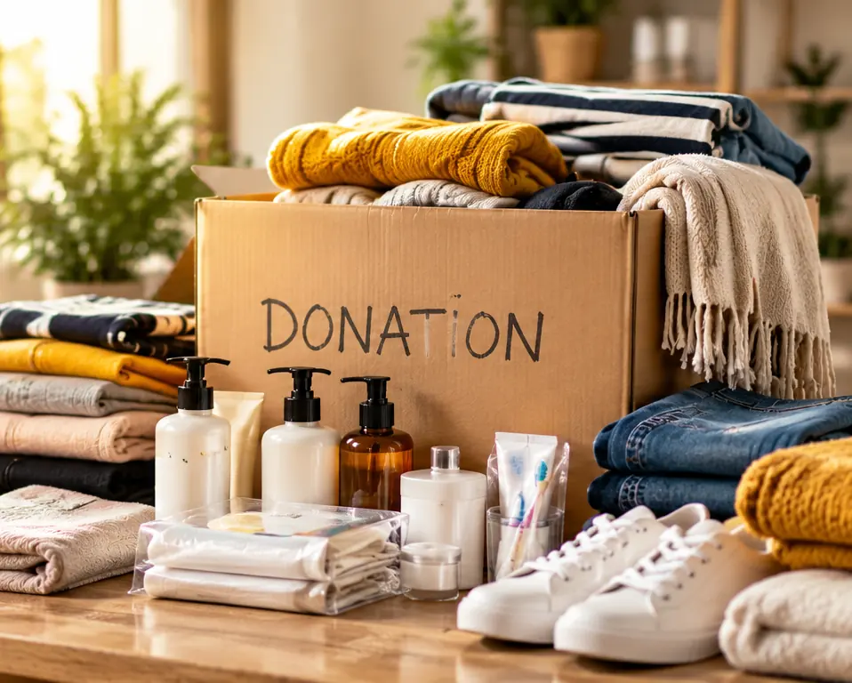 A donation box with folded clothes, shoes and hygiene items