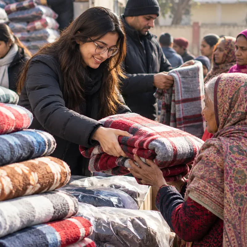 A volunteer hands a warm blanket to an elderly woman