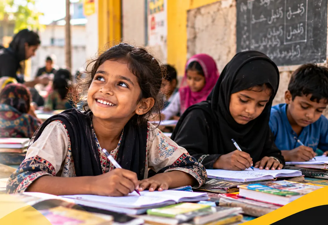 A smiling girl writing in her notebook at an open-air class