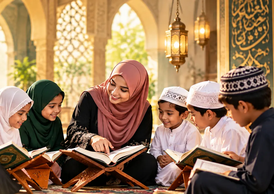 A teacher reading the Quran with children