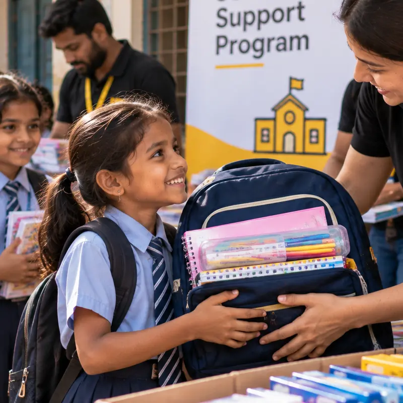 A volunteer hands a school bag full of books to a smiling student