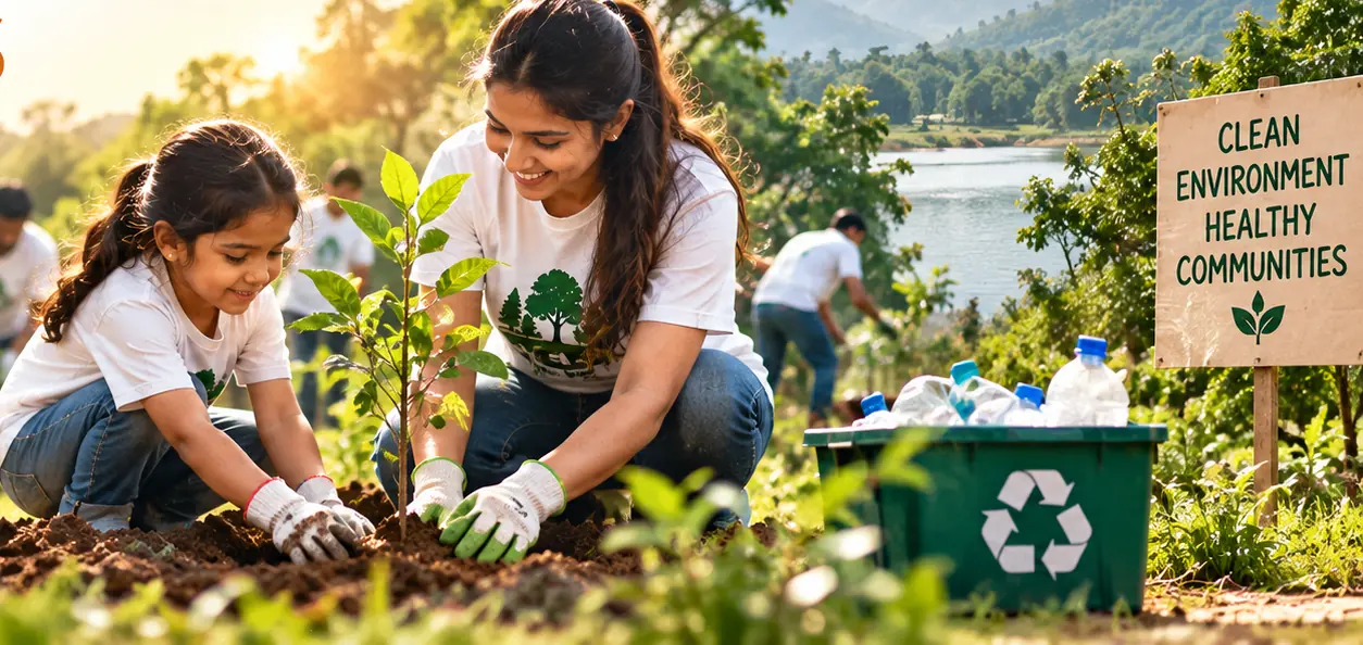 A volunteer and a young girl planting a sapling together