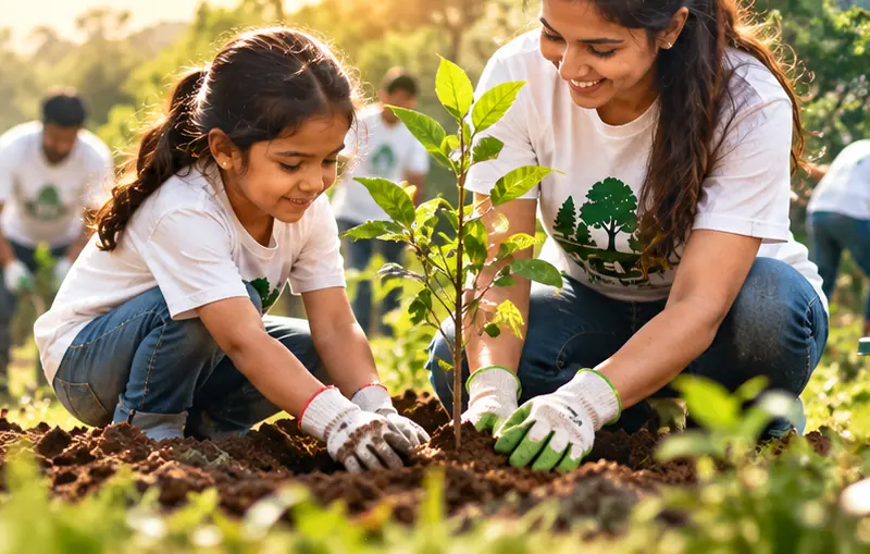 A woman and a girl planting a young tree