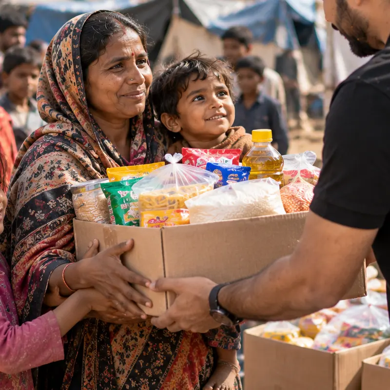 A volunteer hands a box of groceries to a family