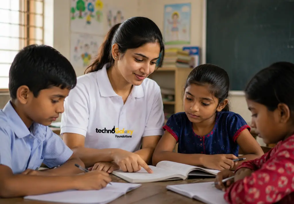 Volunteer helping children with studies