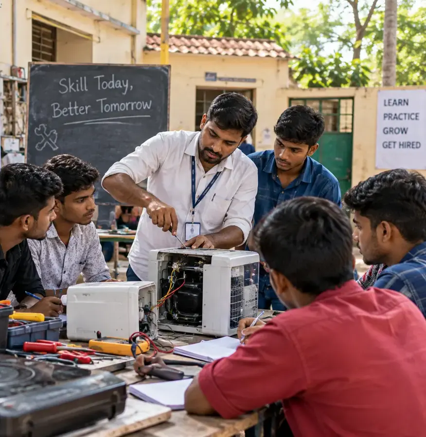 A trainer teaching young men to repair an appliance