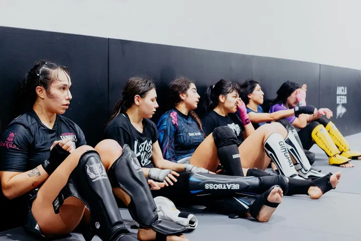 Women at a self-defence training session